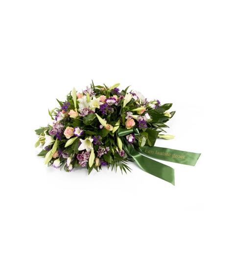 Luxe rouwarrangement roze, lila, wit 03