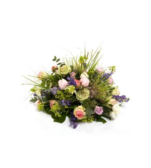 Luxe rouwarrangement roze blauw 04